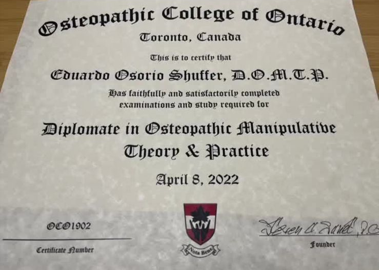 Certificado Osteopathic College of Ontario